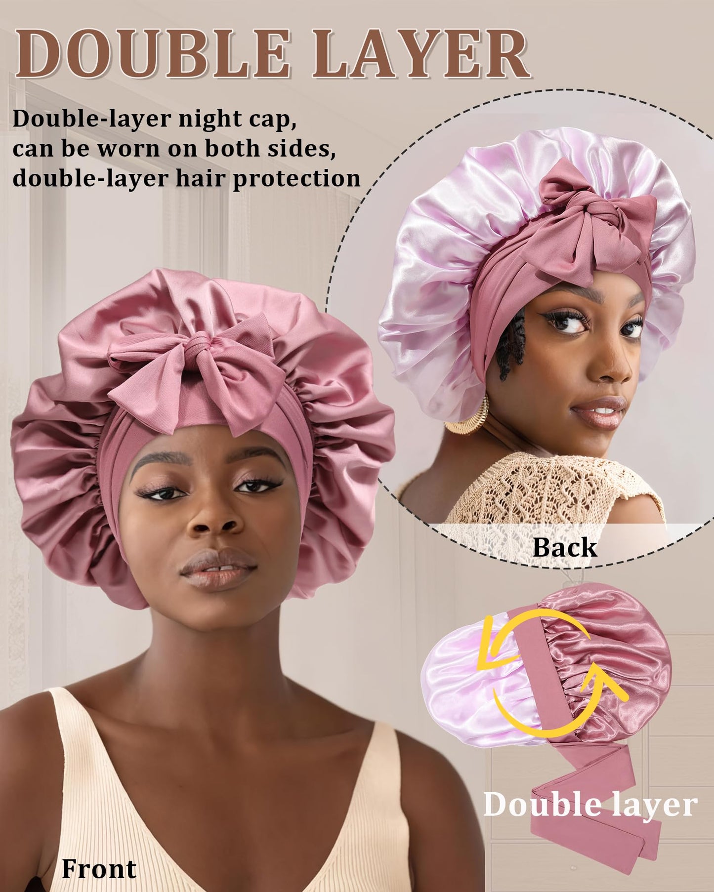 Reversible Satin Bonnet for Sleeping Women - Double Layer Hair Wrap with 2PCS Scrunchies & Elastic Tie Band - Night Cap for Natural Curly Hair (Bean Paste + Pink)