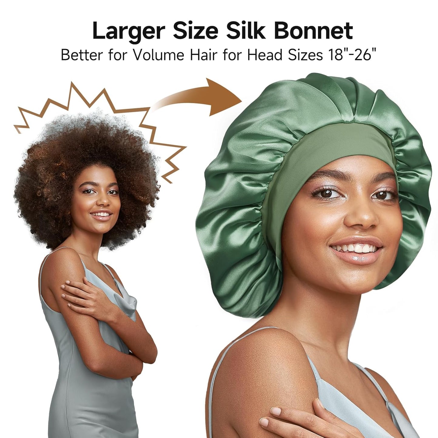 22 Momme Mulberry Silk Bonnet for Women - Double-Sided Non-Slip Sleep Cap for Long Curly Hair, Adjustable Band, Ebony