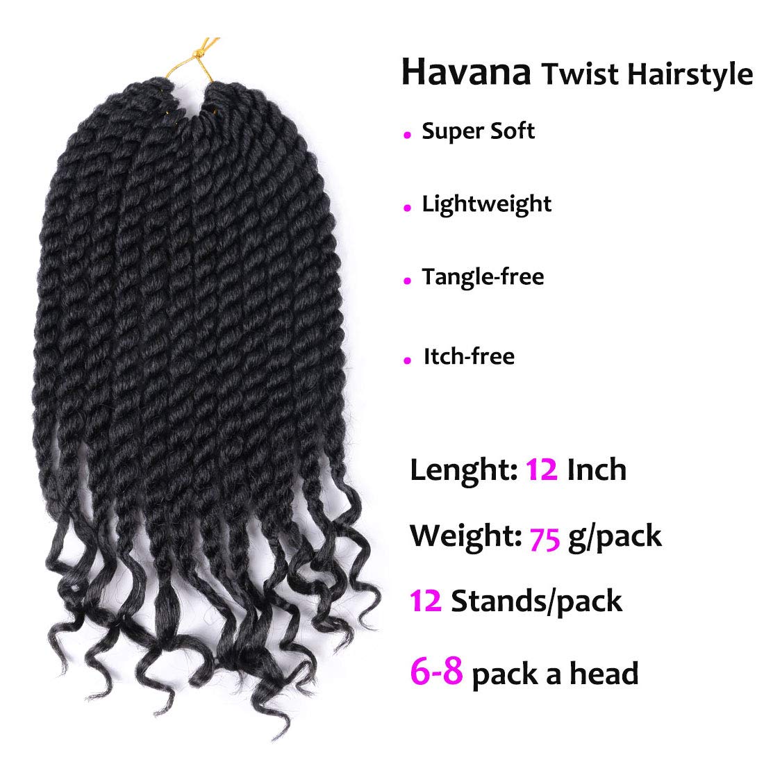 12 Inch Crochet Braids Senegalese Twist Crochet Hair For Black Women 6 Pack Havana Twist crochet hair With Curly Ends 1B#