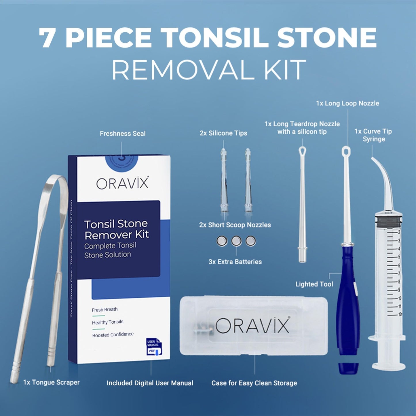 ORAVIX Tonsil Stone Remover - Tonsil Stone Removal Kit - Tonsillolith Remover Tool - Tonsil Cleaner - Fight Bad Breath - Tonsil Stone Removal Tool - Oral Irrigator - Tongue Scraper - 7 Pieces