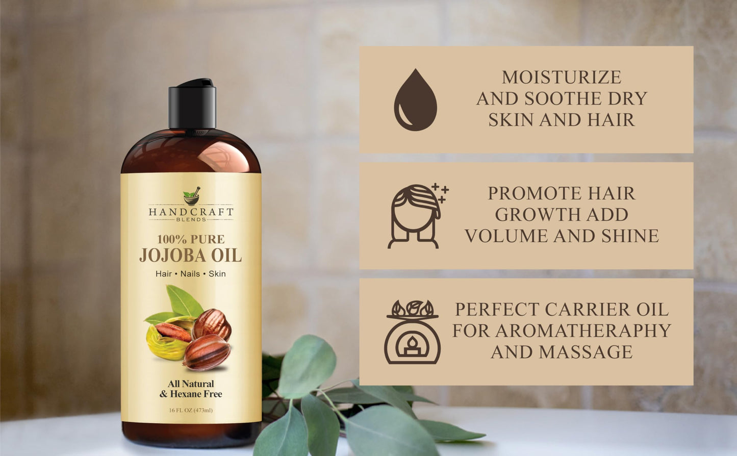 Handcraft Blends Jojoba Oil - Cold-Pressed 16 Fl Oz - 100% Pure and Natural Premium Grade Carrier Oil for Skin and Hair - Body Massage - Hexane-Free - Hair Relaxer for Tight Curls