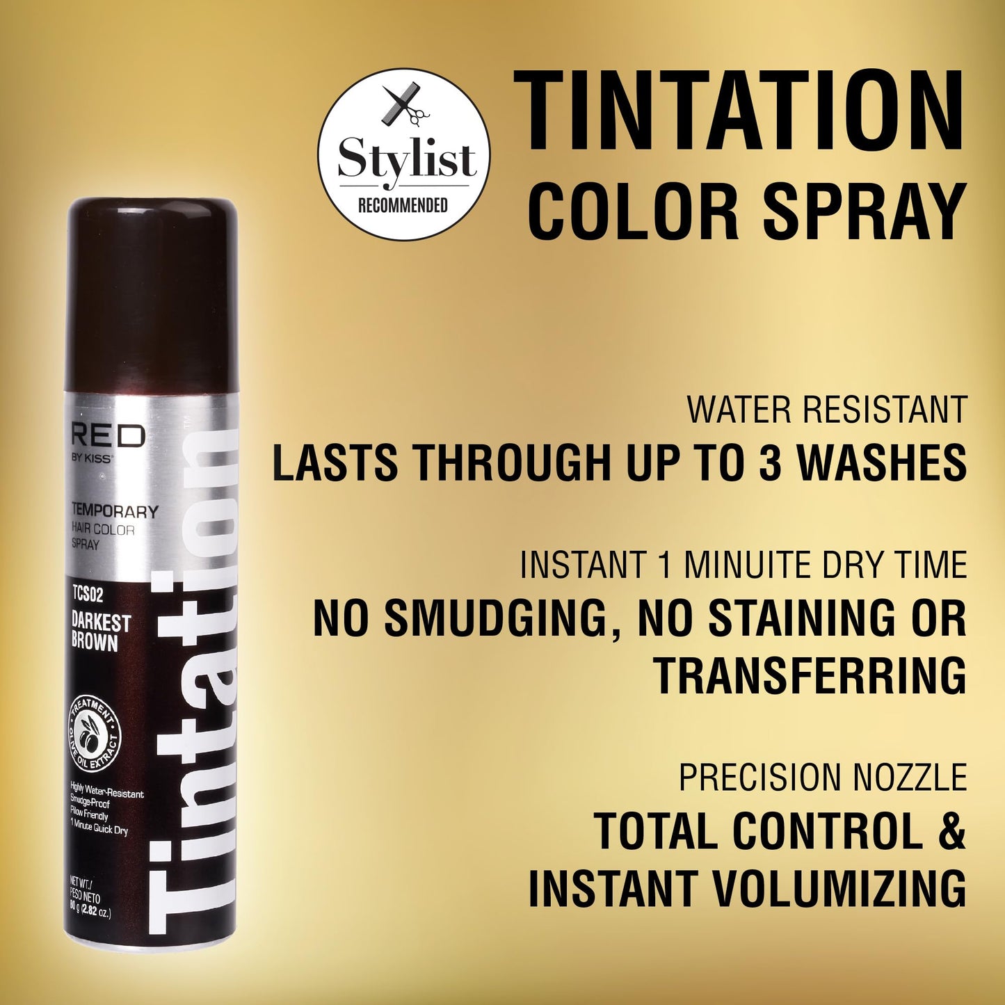 Red by Kiss Tintation Temporary Hair Color Spray, Instant Gray Root Touch Up Coverage, Water-Resistant & Smudge-Proof, Easy Wash Out, Barber & Hairline Touch-Up, Quick-Dry (Darkest Brown, 2.82 oz)
