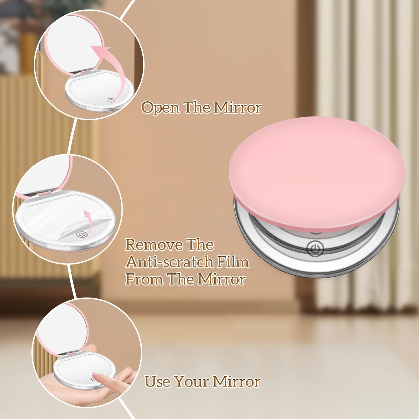 Kakuje Compact Mirror with Light, 1X/3X Magnification LED Pocket Mirror with USB Data Cable,Mini Mirror for Purse, Pocket,Travel and Present (Pink)