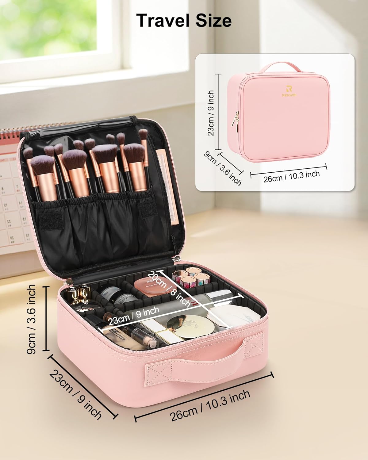 Relavel Portable Travel Makeup Case Organizer with Adjustable Dividers - Black Cosmetic Storage for Brushes, Toiletries & Jewelry