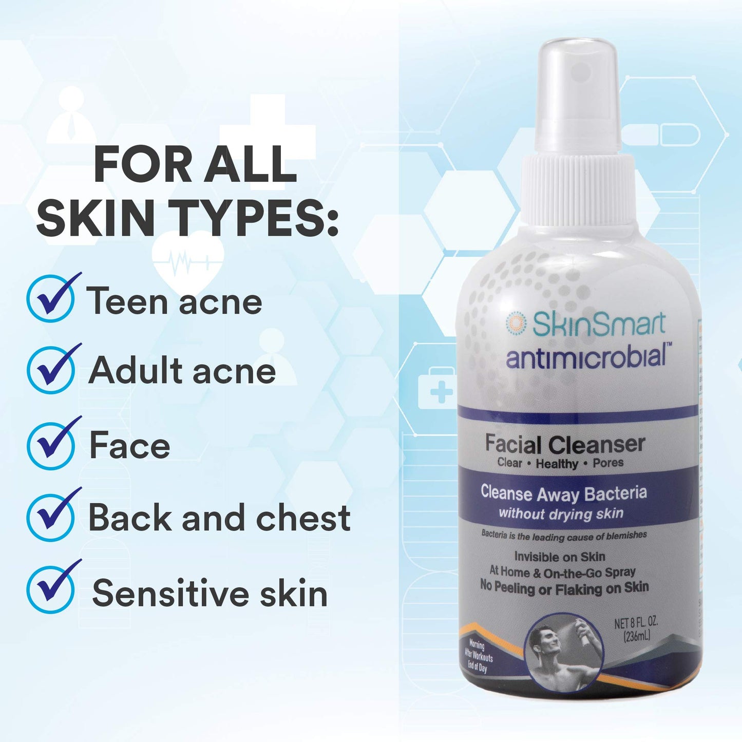 SkinSmart Facial Cleanser for Acne, Targets Bacteria for Active Teenage Athletes Post Workout and Adult Acne, 8 oz Spray Bottle, Safe for Multiple Daily Uses