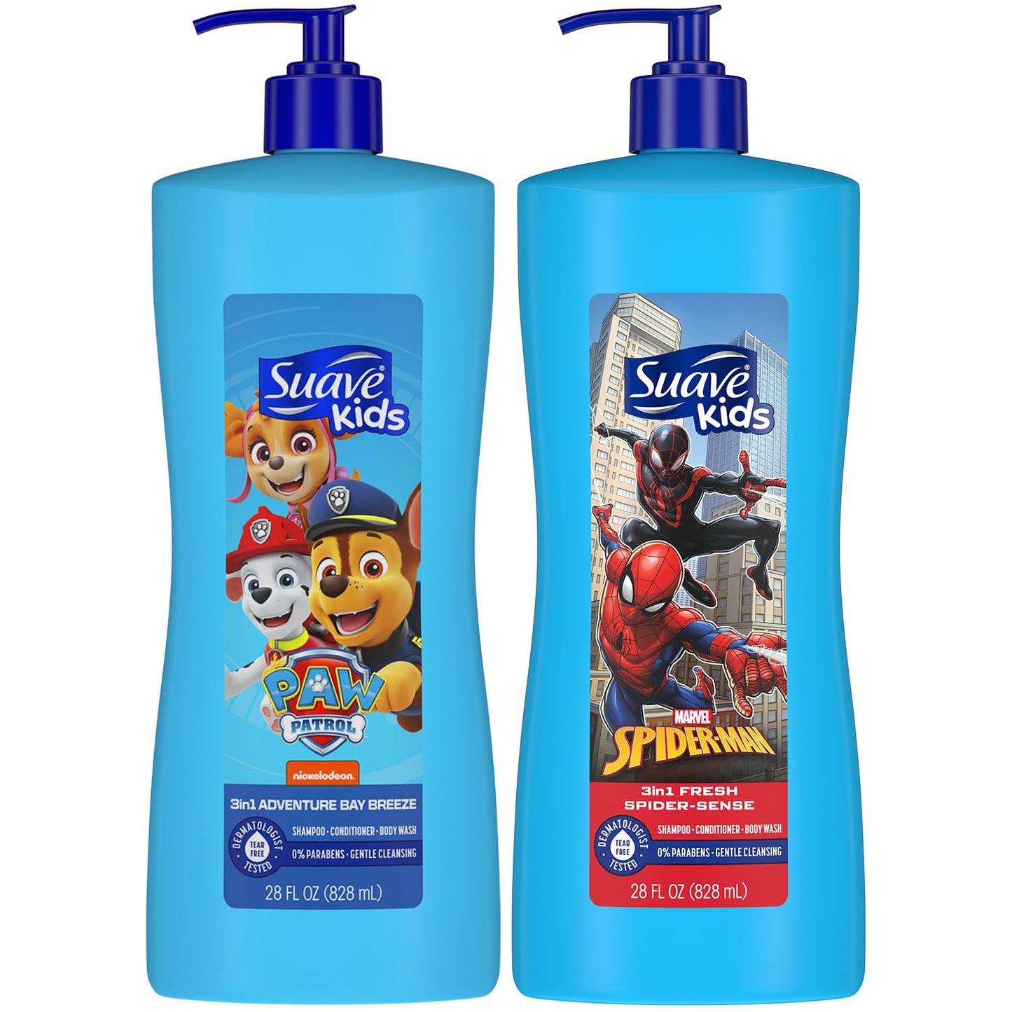 Suave Kids 3-in-1 Variety 2-Pack – Spiderman Fresh Spider-Sense & Paw Patrol Adventure Bay Breeze, Shampoo, Conditioner & Body Wash, 28 Oz Ea