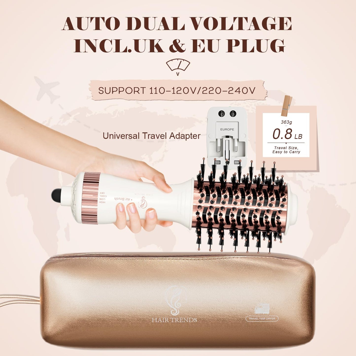 Travel Blow Dryer Brush in one, Dual Voltage Mini Hot Air Brush, Hair Trends Nano Titanium 2 Inch One Step Hair Dryer and Styler Volumizer Oval Shape