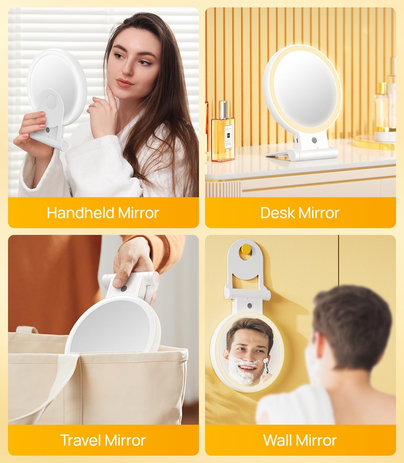 7.5” Lighted Makeup Mirror with 1X/10X Magnification - Rechargeable LED, 3 Color Modes, Adjustable Handle for Travel & Desk Use - White