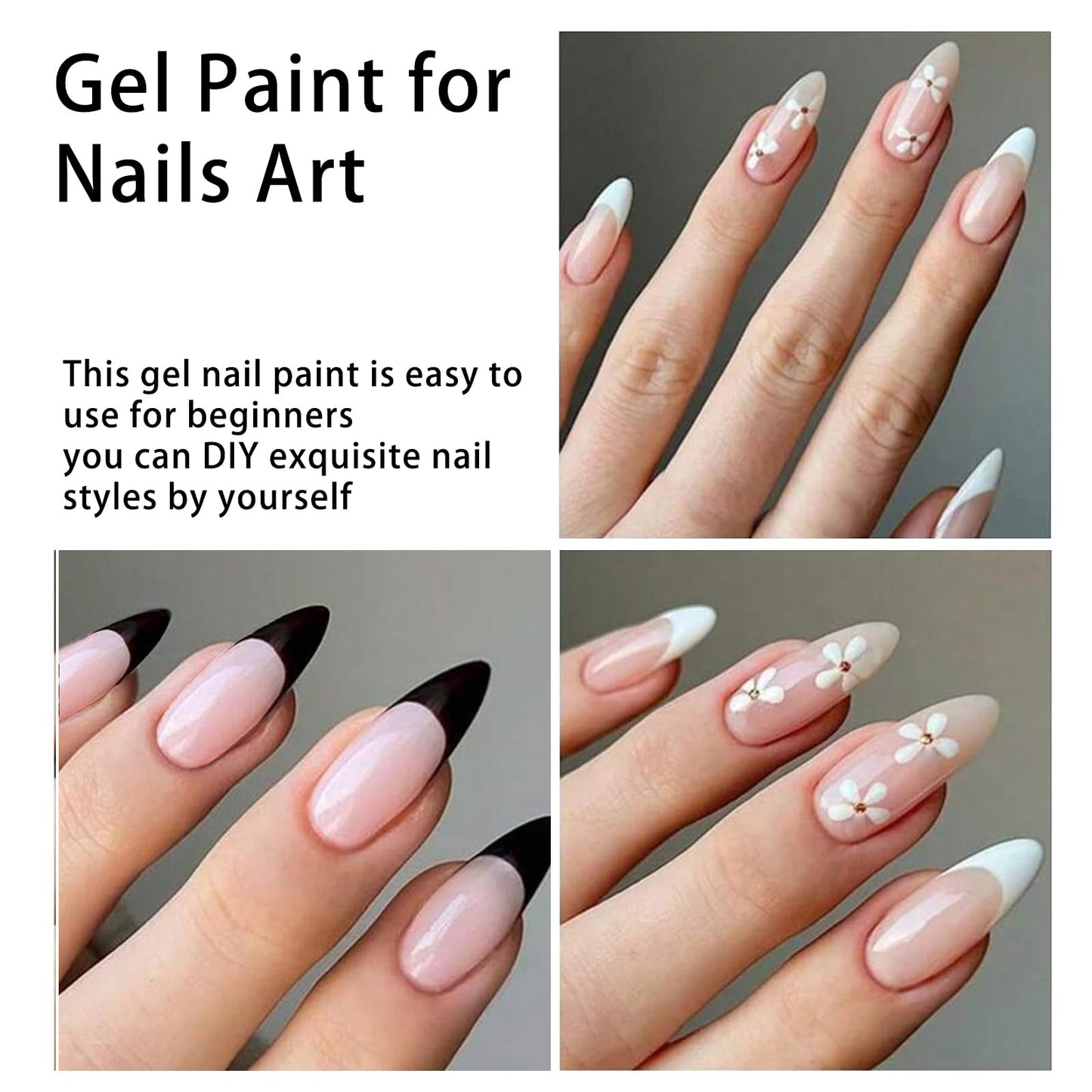 4 Colors Gel Paint for Nails Art Set, White Black Gold Silver Painting Gel for Nail Art Gel Polish Design UV LED for DIY & Nail Salon