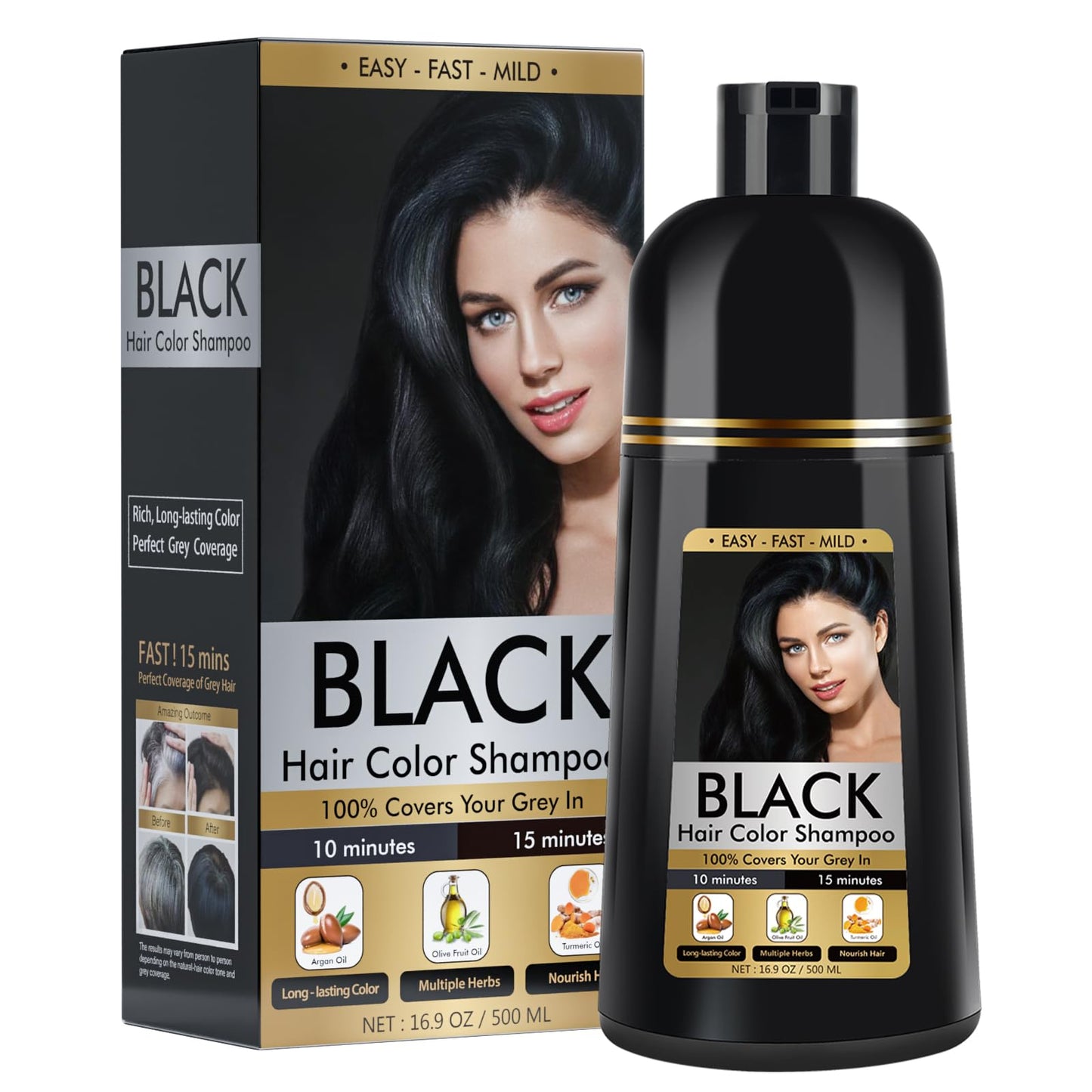 BOJICA Black Hair Dye Shampoo 3 in 1 for Gray Hair, Hair Color shampoo for Women, Natural Shampoo Hair Dye-100% Grey Hair Coverage/Herbal Ingredients-17.6 OZ