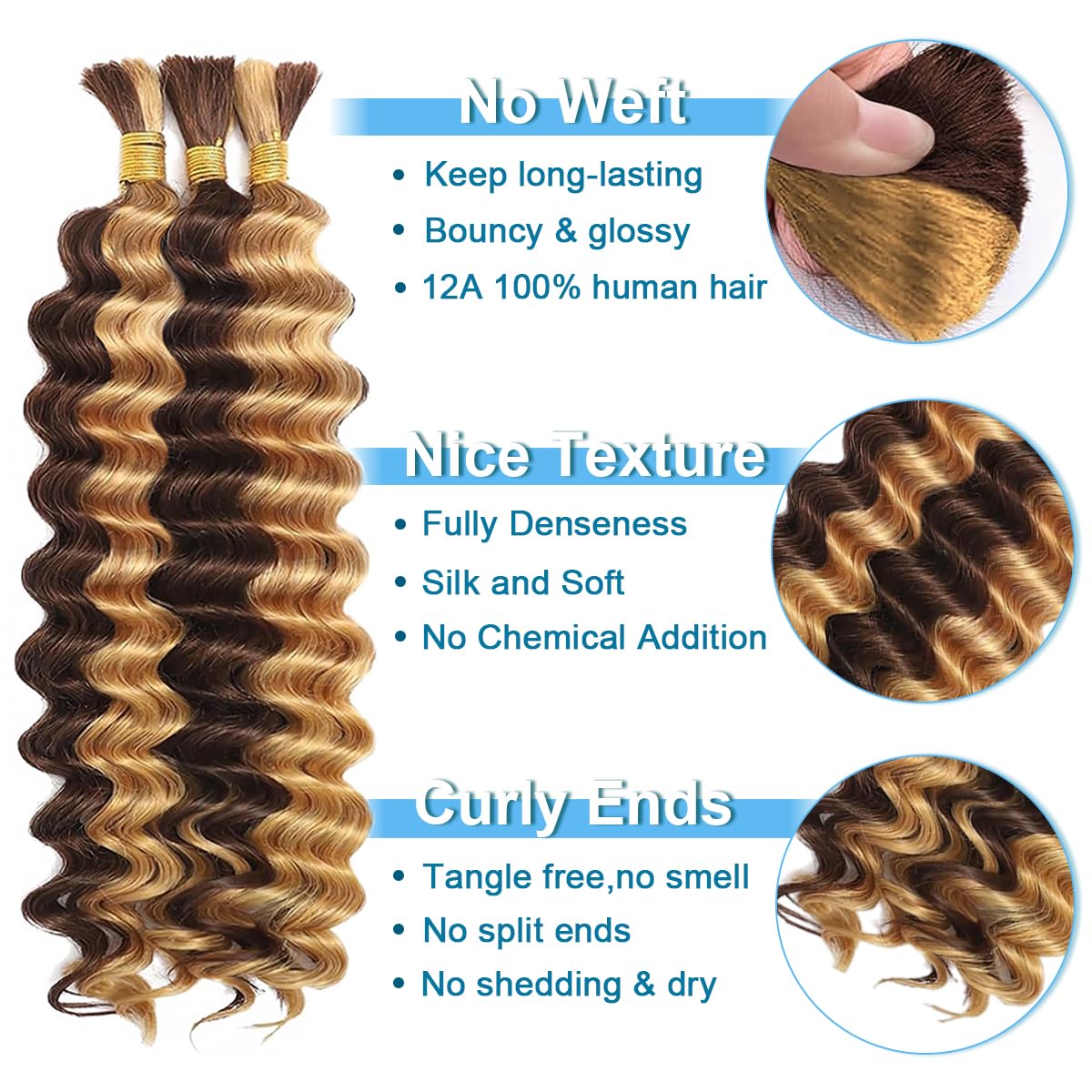 CIFENDIN Human Braiding Hair for Boho Braids 24 Inch 110g Color 4/27 Highlight Balayage Deep Wave Boho Bulk Human Hair for Braiding Knotless 12A Curly Wet and Wavy Bohemian Braids No Weft 3 Bundles
