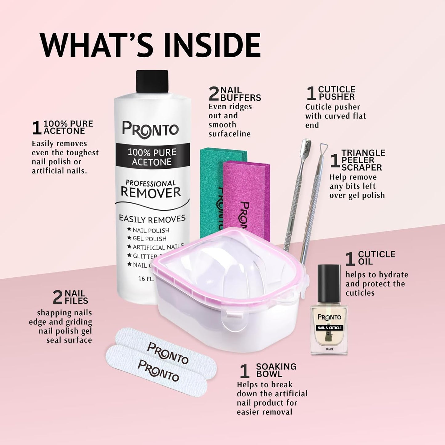 Pronto Pure Acetone 16 oz Nail Polish Remover - Complete Acrylic Nail Kit with Cuticle Pusher, Nail File & Buffer for Gel & Dip Powder Removal