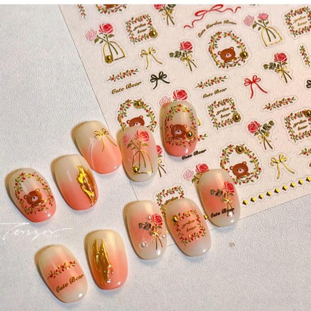 Gold Nail Art Stickers Decals Bear Flower Nail Stickers for Nails Art 5D Embossed Nail Decals Self Adhesive Manicure Supply Charms for Women Girls Kid Nails DIY Decoration