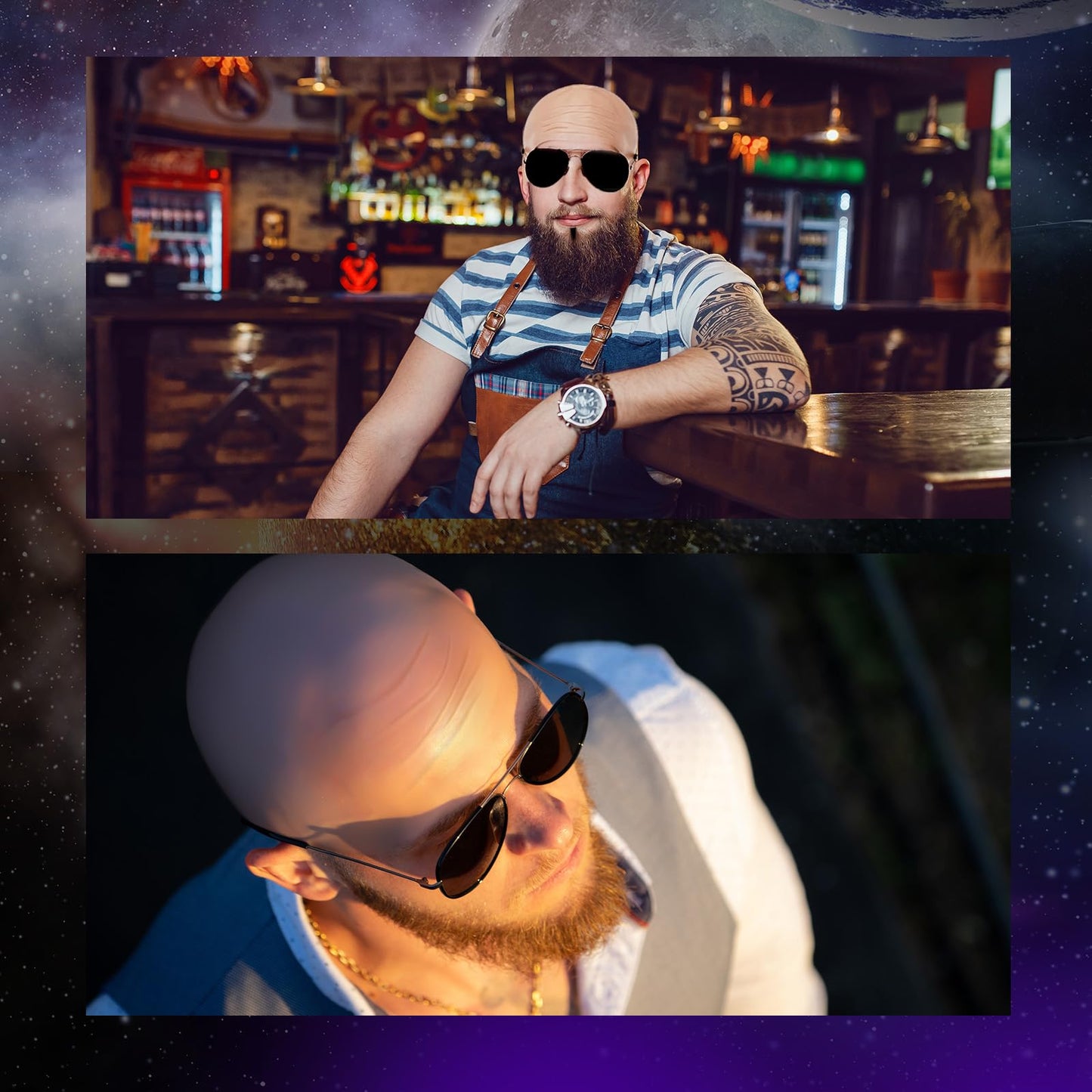Mepase 1 Set Bald Caps with 1 Pair Glasses for Adults Men Nylon Bald Head Wig Cap Can Be Cut for Halloween Music Festivals Concerts Rap Star Party Cosplay(12.2 x 8.6 Inch)