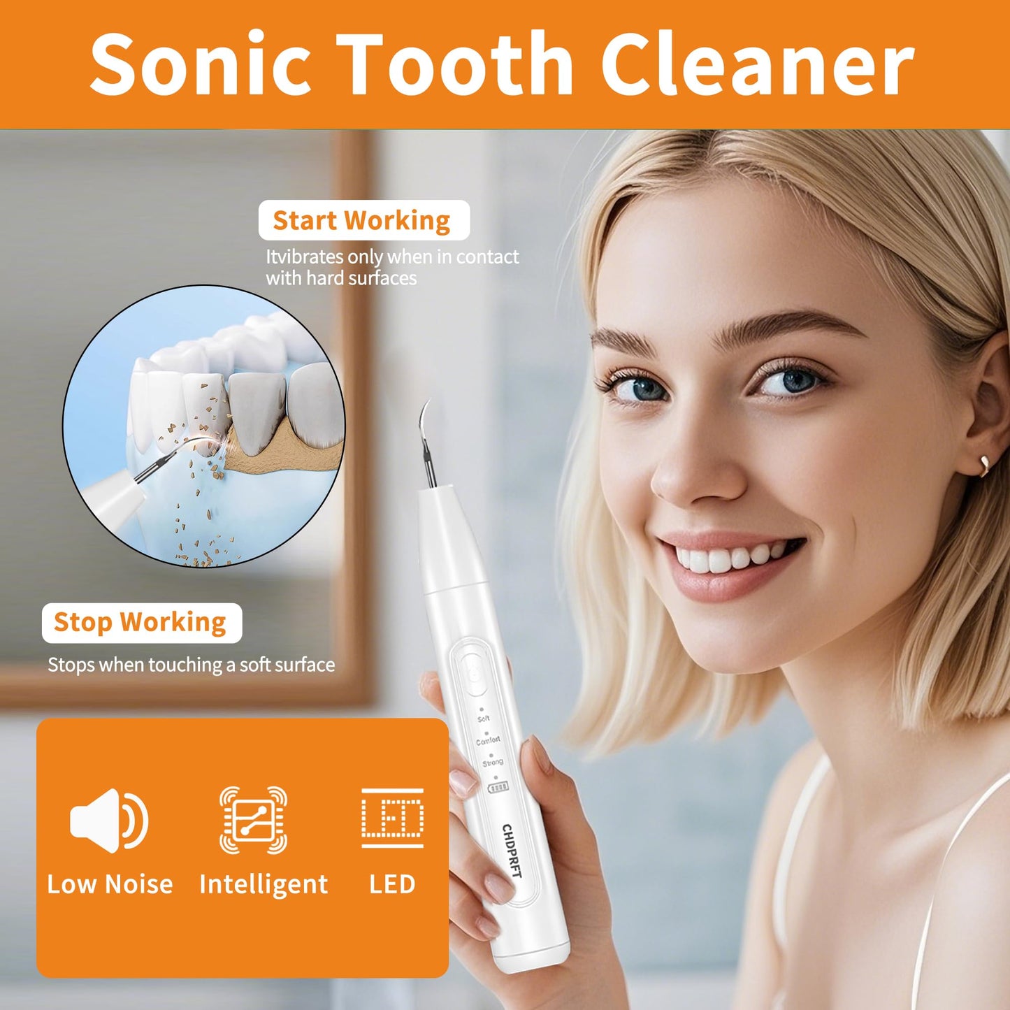 CHDPRFT Plaque Remover for Teeth-Sonic Tooth Cleaner,3 Adjustable Modes Dog Teeth Cleaning Kit with LED Light,Effective Care of Teeth,Rechargeable Dental Teeth Cleaner Tools Kits(White)