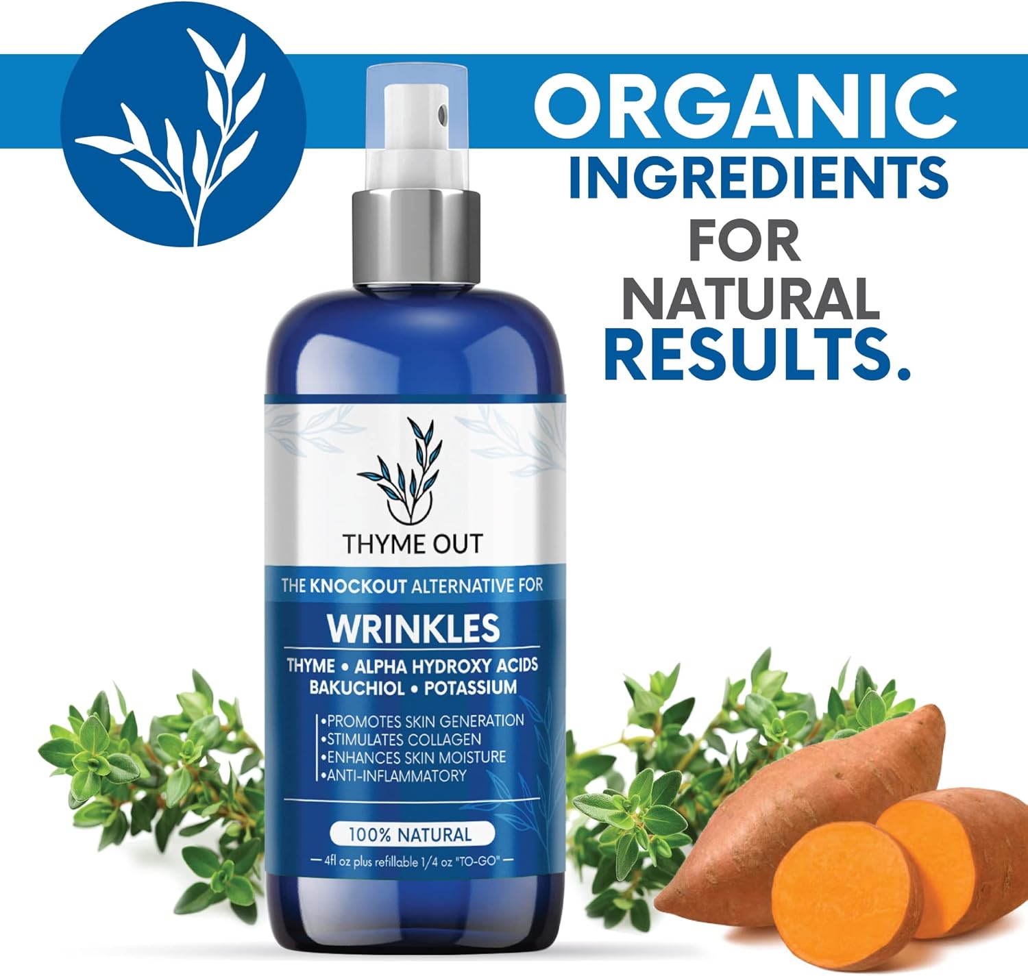 Anti-Wrinkle Face Mist Spray - All Natural with Thyme, Bakuchiol & AHA for Fine Lines & Collagen Boost (4 oz)