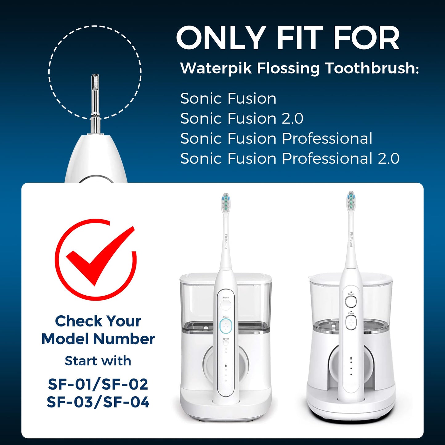 FitMount 6 Pack Toothbrush Replacement Heads Compatible with WaterPik Sonic Fusion 2.0, FitMount Flossing Brush Head Fit for Water-Pic SF-01W SF-02W and 2.0 SF-03 SF-04, White