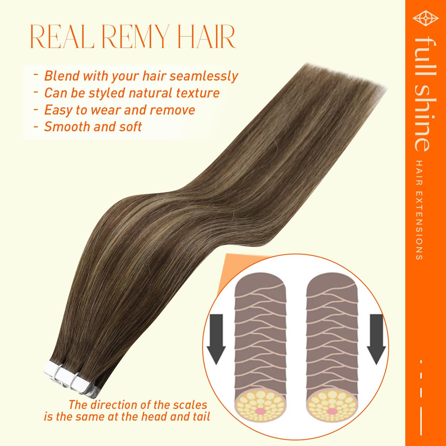 Full Shine Invisible Tape in Hair Extensions Human Hair 18 Inch Tape ins Brown Extensions Color 4/24/4 Balayage Hair Extensions Real Human Hair Seamless Tape ins Human Hair Extension 50Gram 20Pcs