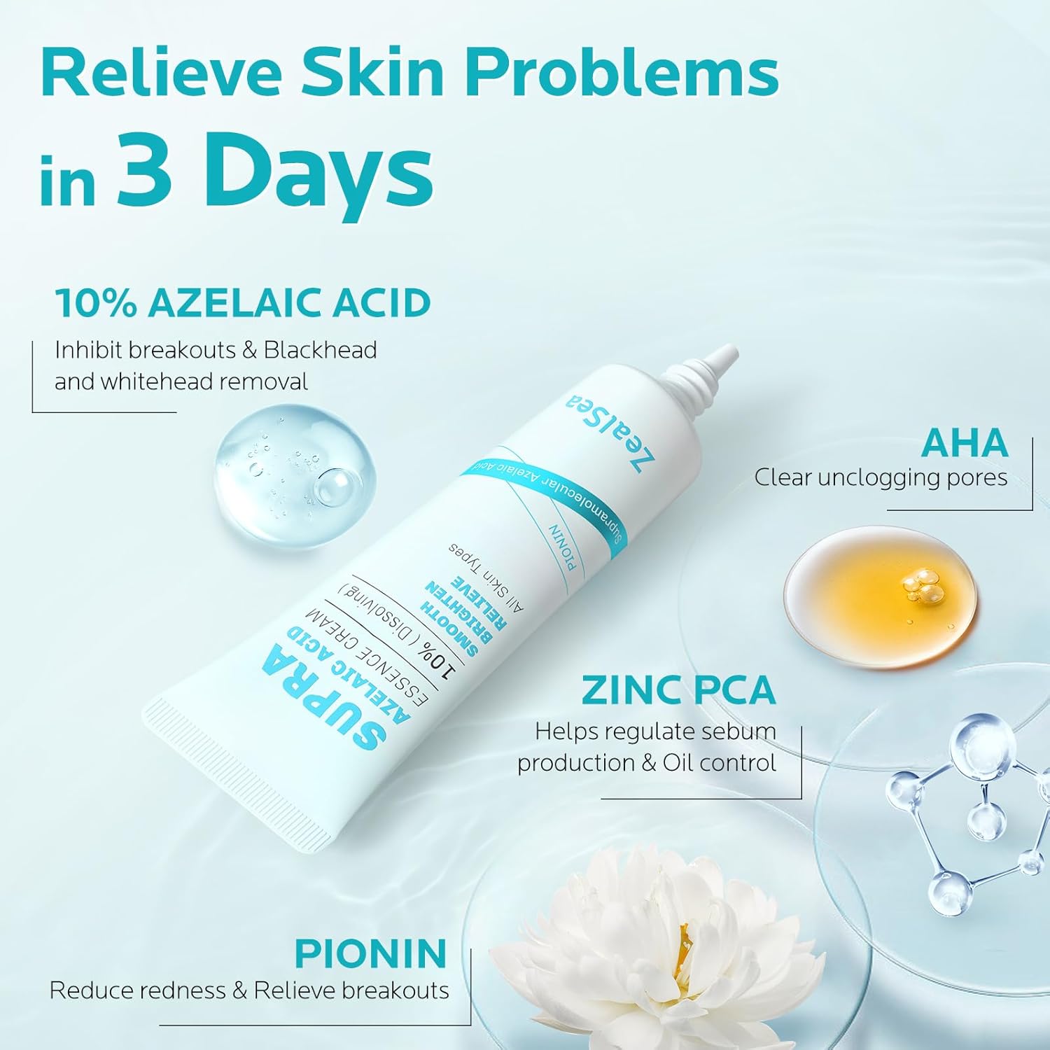 Azelaic Acid Facial Cream 10% - Pimple Relief & Skin Clarifying Serum with AHA, 1 Oz