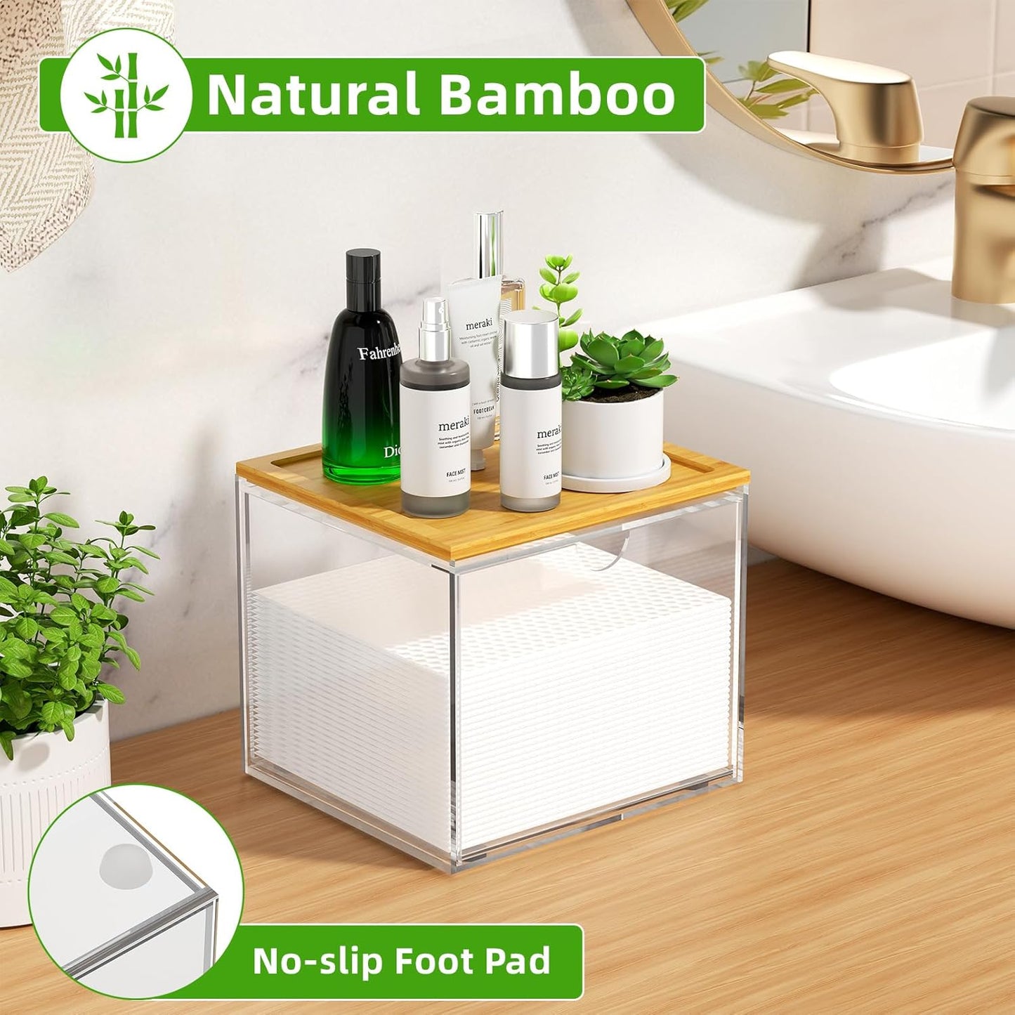VITVITI Acrylic Face Towel Holder Box - Large Disposable Towel Storage with Bamboo Lid for Bathroom & Vanity