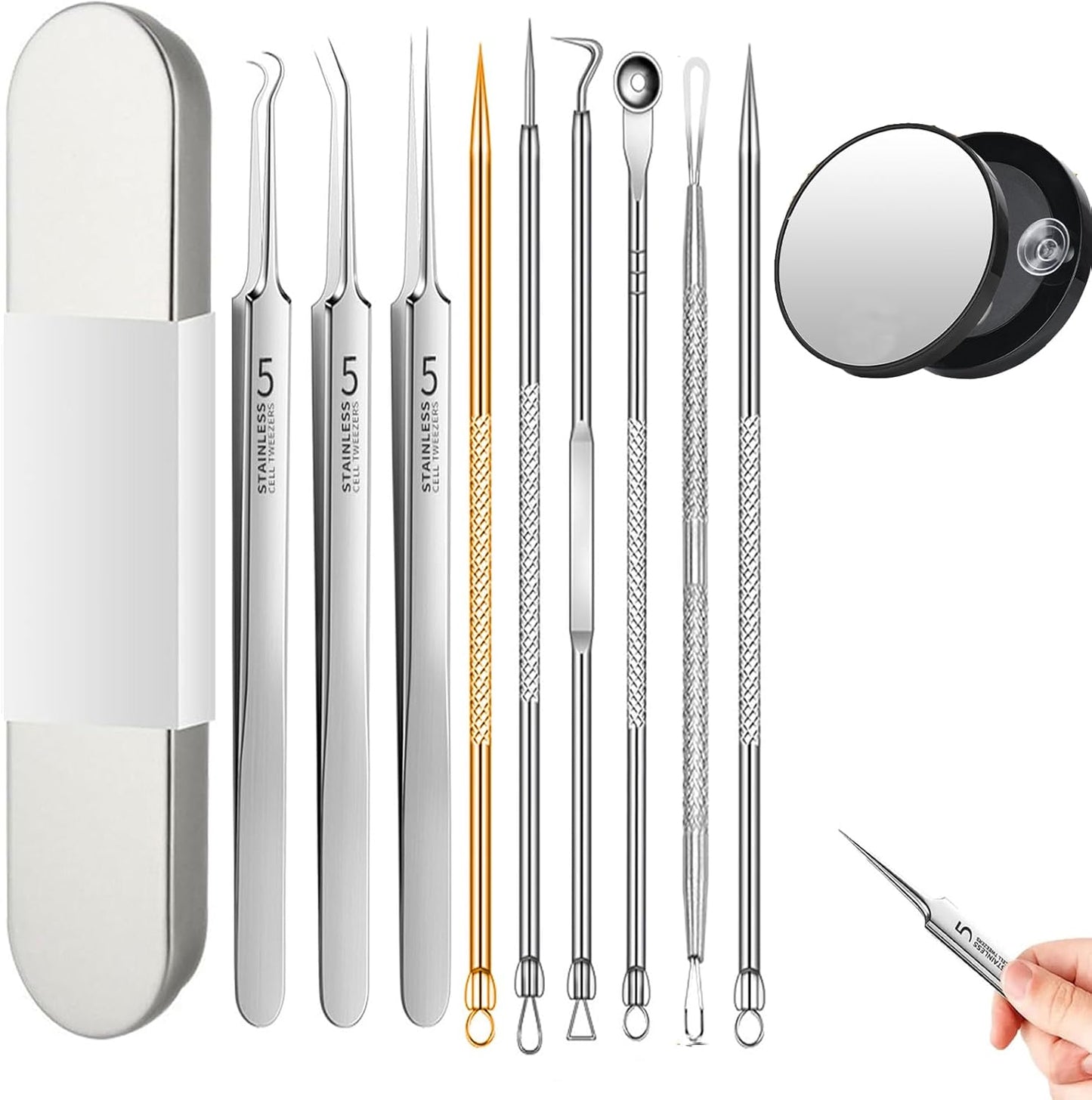 Acssart Blackhead Remover Kit - 10 Stainless Steel Tools & 15x Magnifying Glass