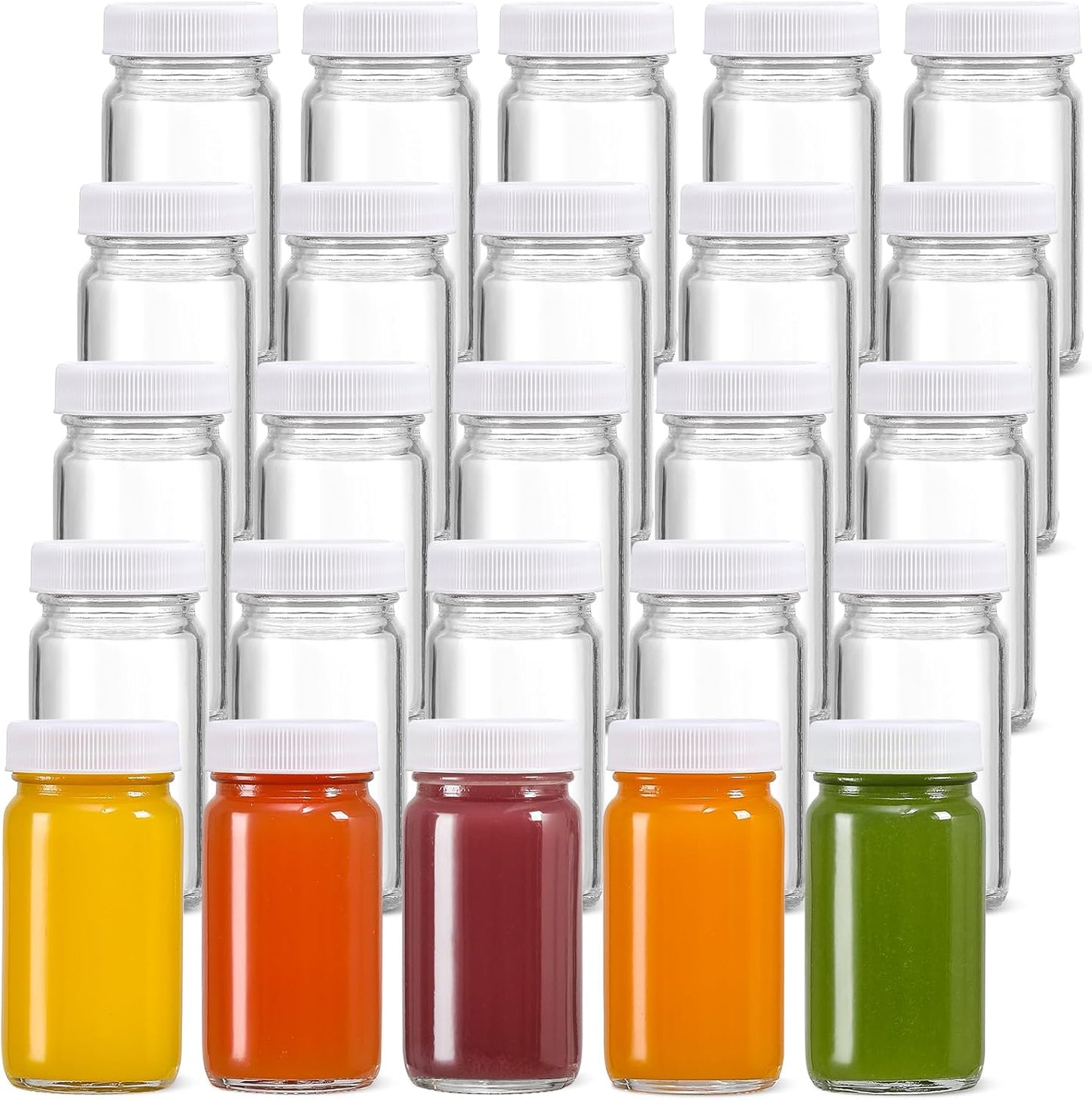 20 Pack Mini Glass Shot Bottles 2 oz with Lids & Labels - Leakproof Travel Jars for Juice, Whiskey, Wellness Shots