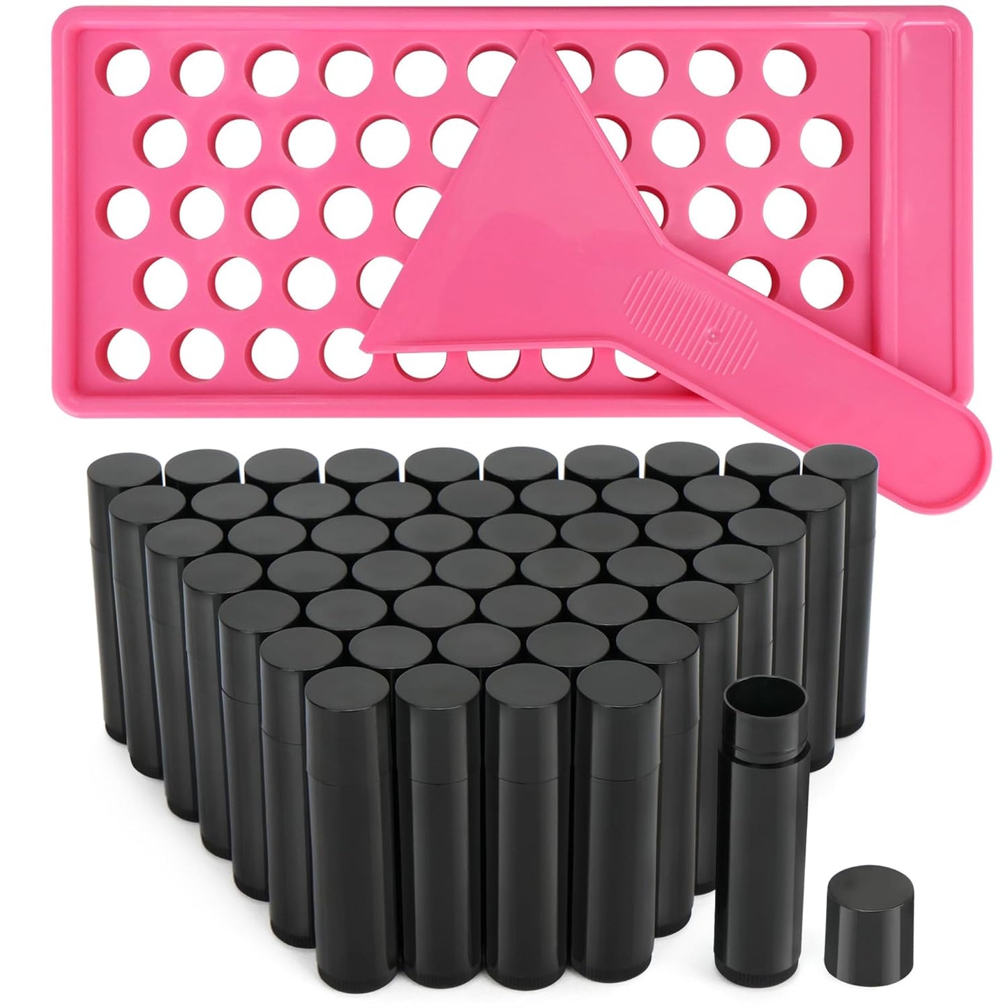 50 Pack Black Lip Balm Tubes with Filling Tray & Spatula - BPA Free, Leak Proof, DIY Handmade Set