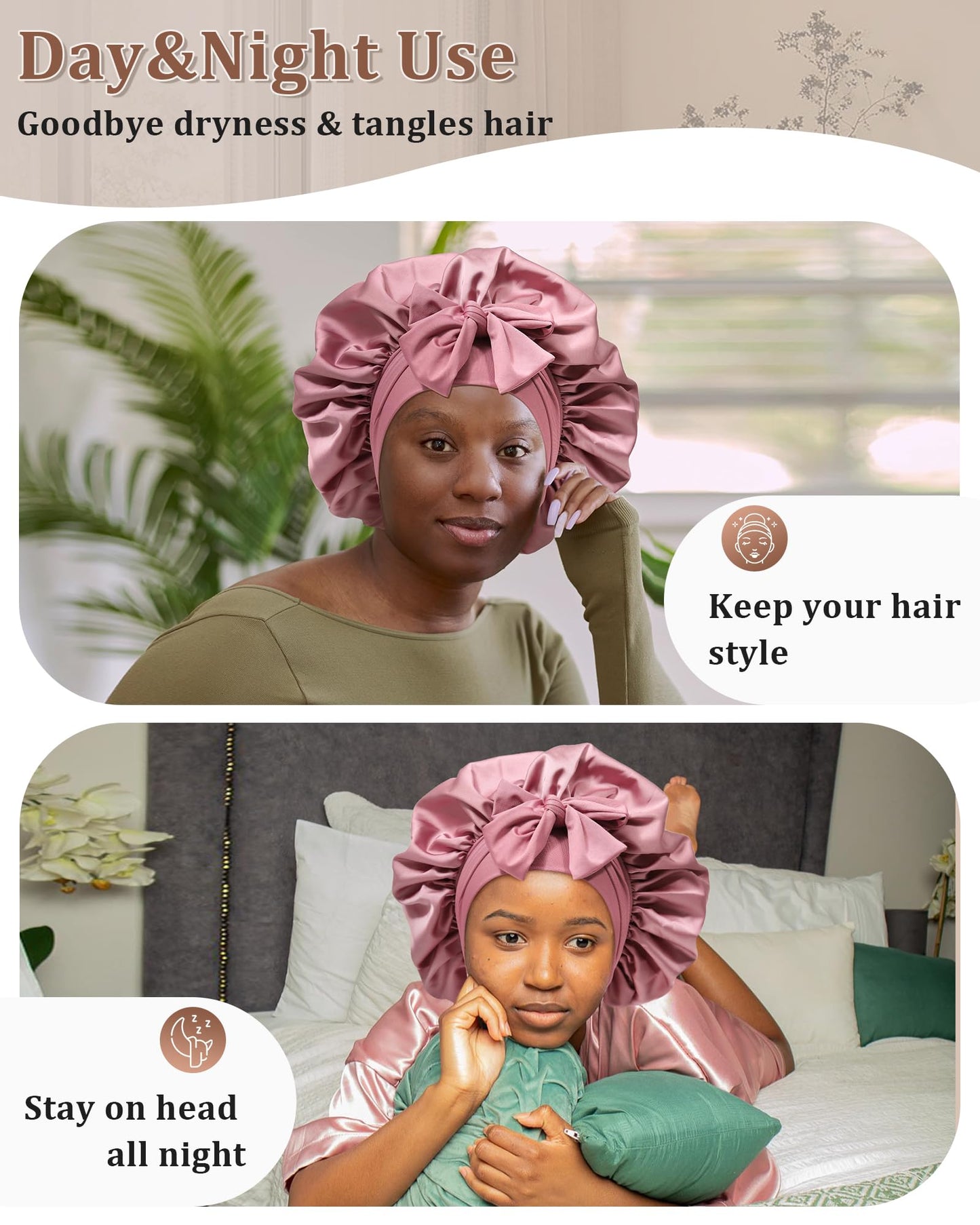 Reversible Satin Bonnet for Sleeping Women - Double Layer Hair Wrap with 2PCS Scrunchies & Elastic Tie Band - Night Cap for Natural Curly Hair (Bean Paste + Pink)