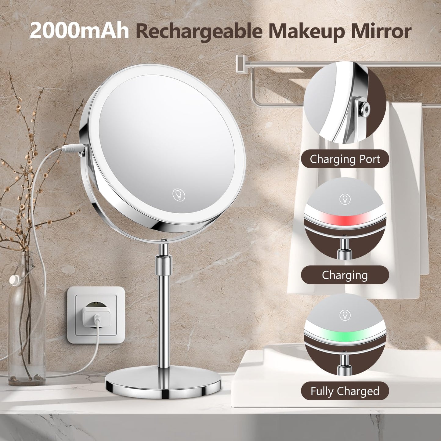 UBYMET Lighted Makeup Mirror, Rechargeable Height Adjustable Double Sided, 1x/10x Magnifying with 3 Color, Brightness Adjustable, 360° Rotation Vanity, Gift for Women