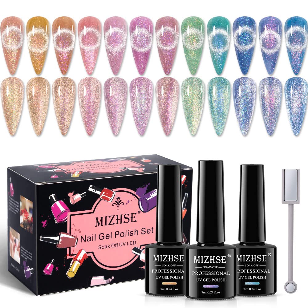 12-Pc MIZHSE Neon Cat Eye Gel Nail Polish Set - Magnetic Soak Off Manicure Kit, Blue Green Purple