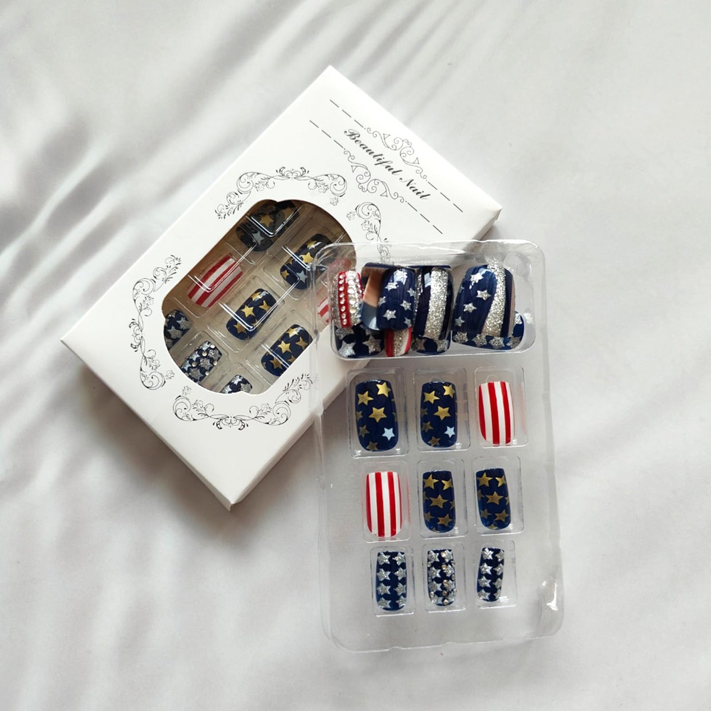 24Pcs Royal Blue Press on Nails Independence Day Medium Square Fake Nails 4th of July Stick on Fingernails Glossy American Flag Star Acrylic False Nails Fourth of July Glue on Nail for Women