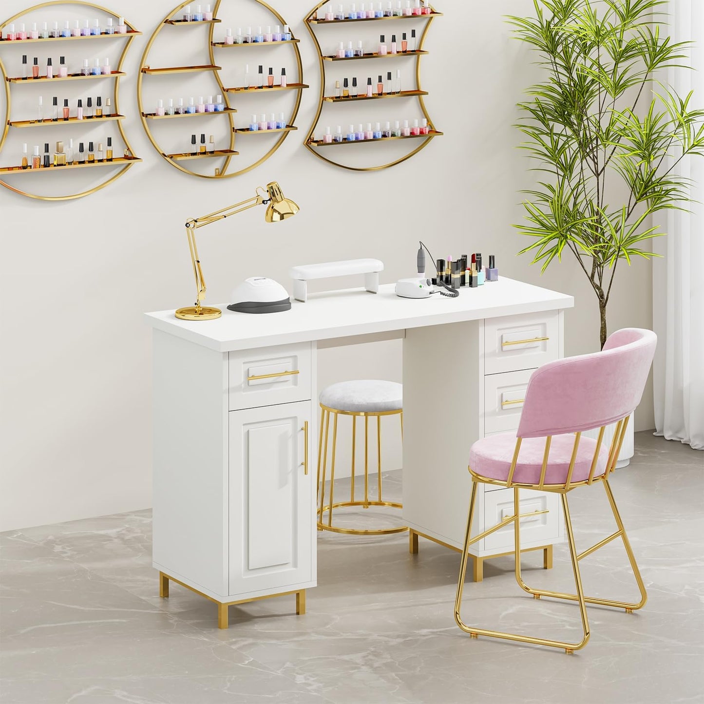MaverickFurni White and Gold Nail Tech Desk for Nail Tech, Wooden Manicure Table with Storage, 43 Inch Nail Table with 5 Drawers and Cabinet, Manicure Desk Nail Station