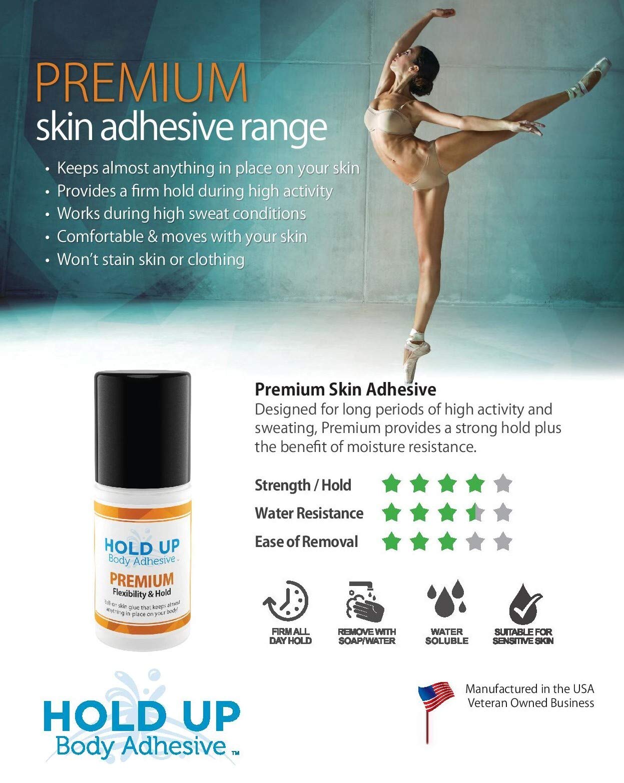 Hold Up Body Adhesive Premium – Body Glue for Dancers Roll On Skin Adhesive for Compression Socks Thigh Highs Costumes Clothing Lingerie Fashion Cosplay – 2 oz Roll On