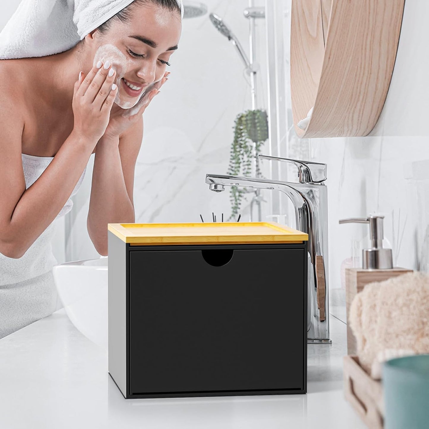 VITVITI Acrylic Face Towel Holder Box - Large Disposable Towel Storage with Bamboo Lid for Bathroom & Vanity