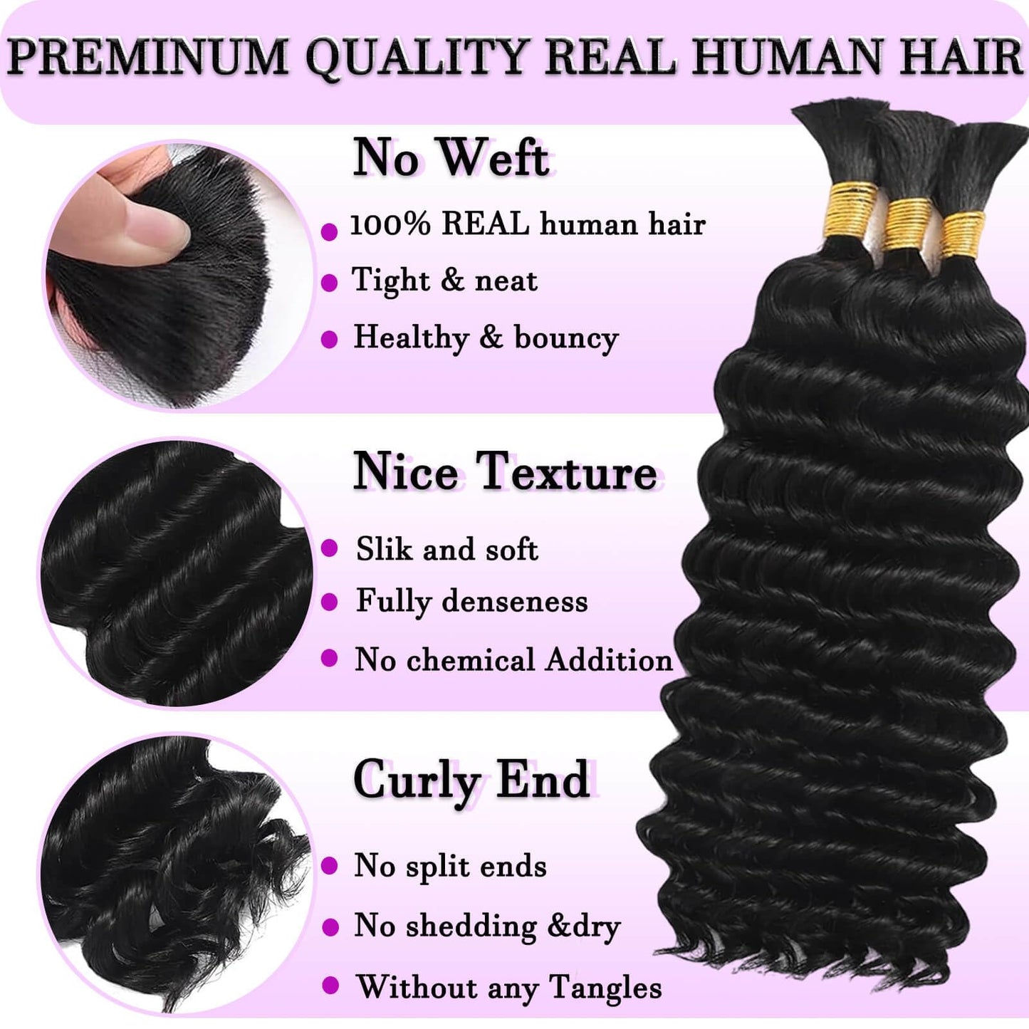 Boho Hair for Braiding 110g 24 Inch Deep Water Wave Boho Braids Human Hair No Weft 12A Brazilian Virgin Curly Bundles Human Hair Extensions 3 Braids/Pack Wet and Wavy Bundles Human Braiding Hair