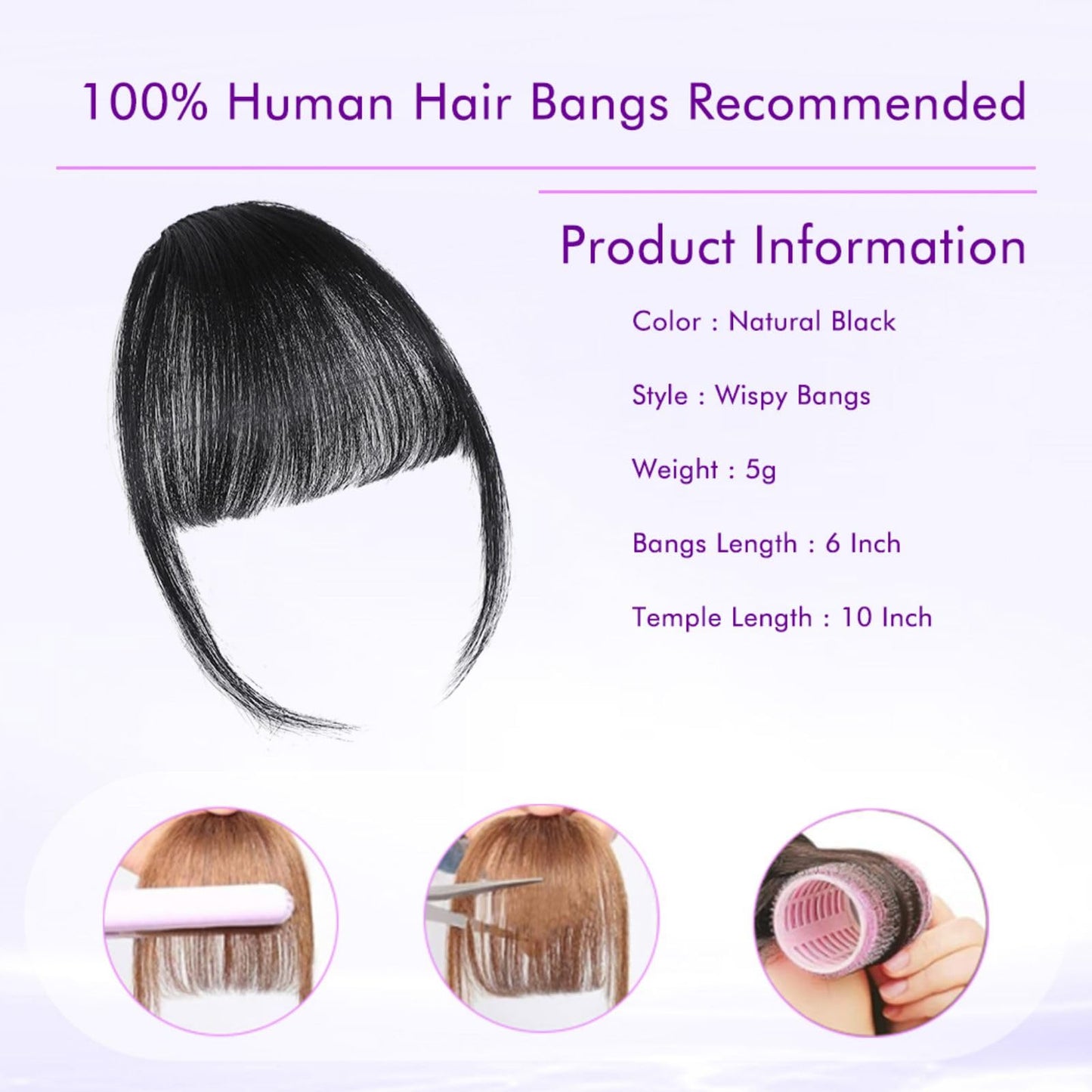 ELEFOCUS Clip-on Natural Black Human Hair Extensions - Wispy Bangs with Temples for Daily Wear