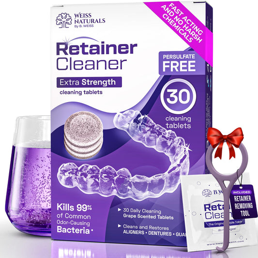 Weiss Naturals Retainer Cleaner Tablets, Invisalign Cleaner, Remove Stains, Odors & Plaque, FSA & HSA Eligible, PERSULFATE FREE Night Guard & Denture Cleaner 1-Month Supply, 30 Grape Scented Tablets
