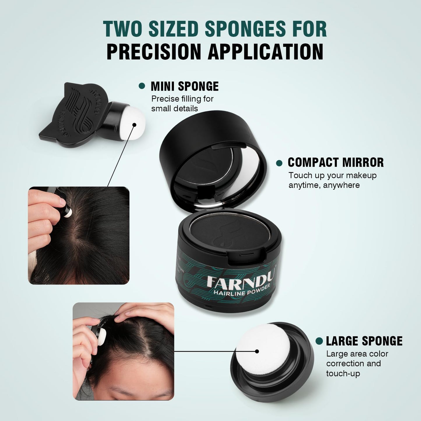 Farndu Root Touch Up Hair Color 12g, Instantly Hairline Powder, Hair Root Touch Up, Bald Spots Hair Color Concealer for Women & Men, 24-Hour Stain-Proof, 2 Refills, Waterproof, Sweatproof, Black