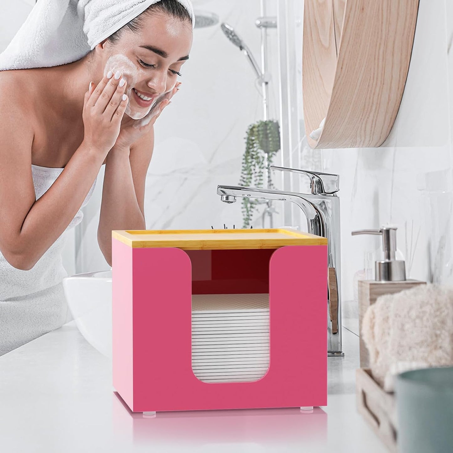 VITVITI Acrylic Face Towel Holder Box - Large Disposable Towel Storage with Bamboo Lid for Bathroom & Vanity