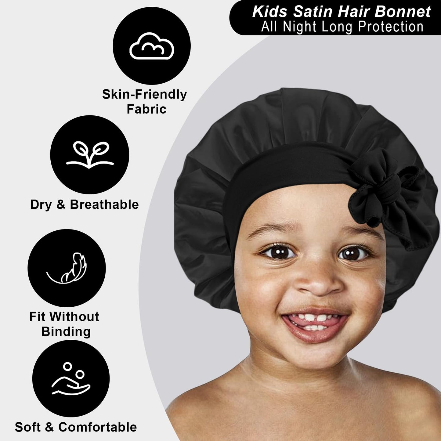 3 Pcs Kids Silk Bonnet for Sleeping - Baby Satin Bonnet for Sleep,Kids Hair Bonnets for Curly Hair Girls Boys with Wide Elastic Band,Sleeping Cap for Teens Toddler Child (Pink+Black+Light Blue)