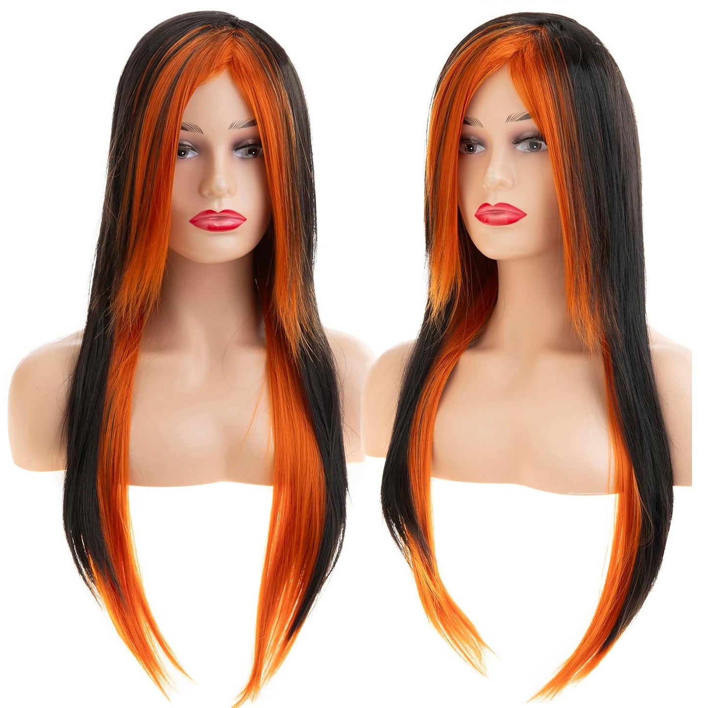 Silky Straight Long Red Black Wig with Side Bangs - Heat Resistant Synthetic Hair for Halloween