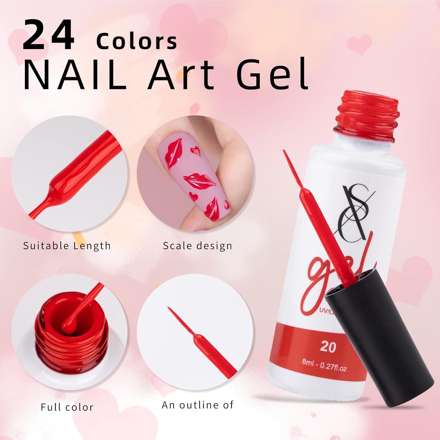24-Color Gel Liner Set for Nail Art - SXC Cosmetics with Thin Brush for Swirl Designs