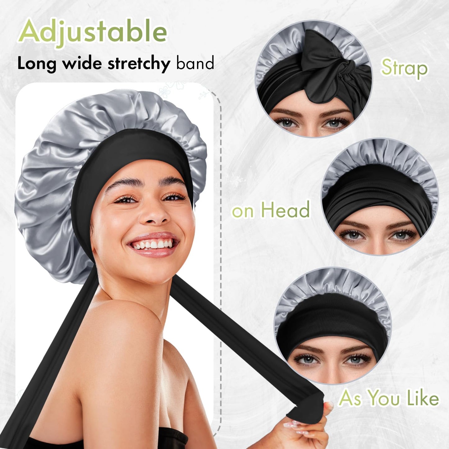 BONNET QUEEN Silk Bonnet for Sleeping Double Layer Satin Bonnet Reversible Bonnet with Tie Band Hair Bonnet Sleep Cap for Women Curly Hair,Black+Grey