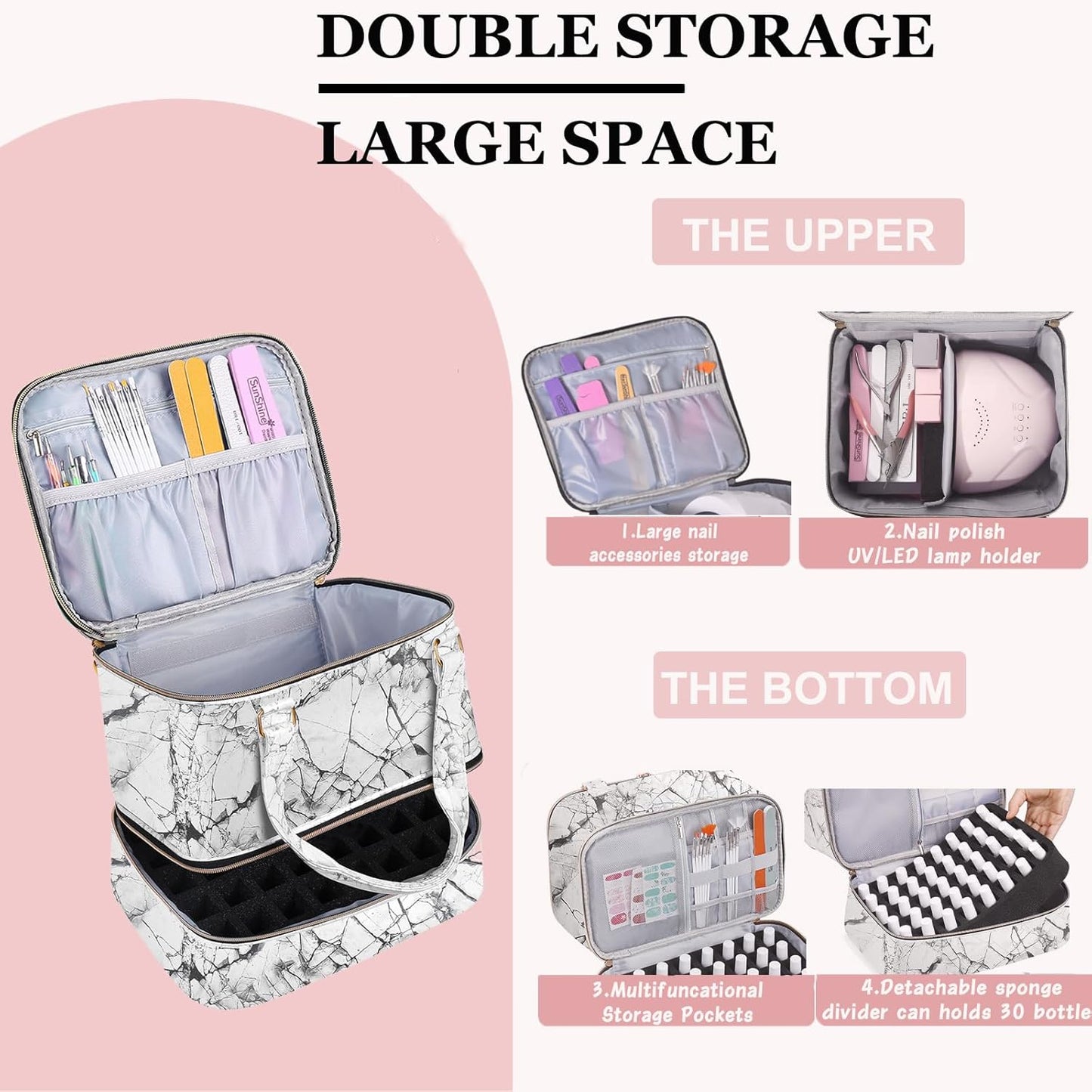 Nail Polish Organizer Bag with Travel Case for 30+ Bottles & Nail Lamp - Purple