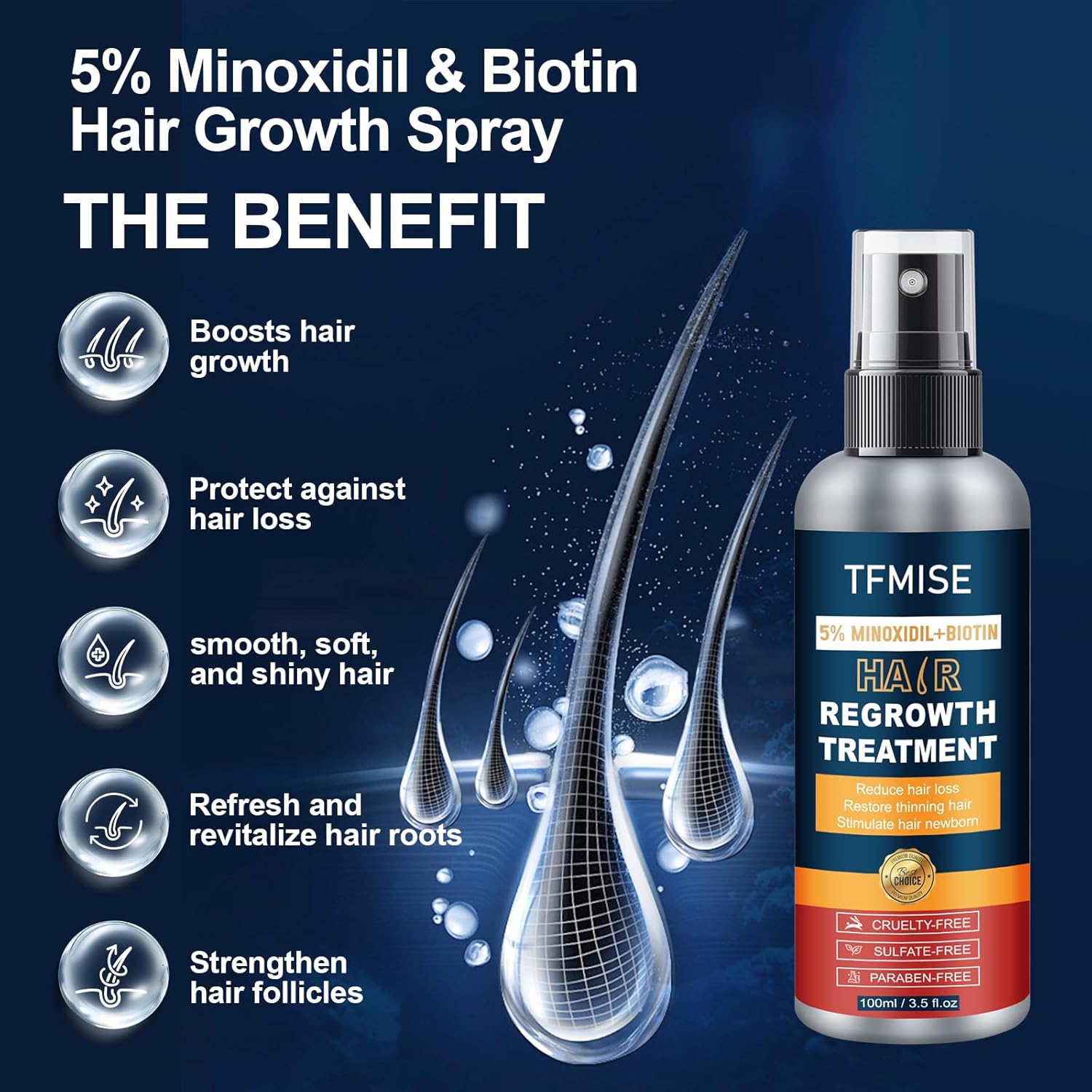 5% Minoxidil Spray for Men & Women - Extra Strength Hair Growth Solution with Biotin, 3.38 Fl. Oz