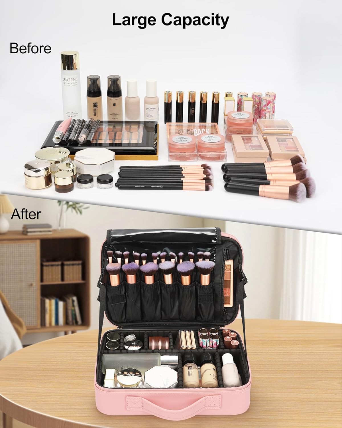 Relavel Portable Travel Makeup Case Organizer with Adjustable Dividers - Black Cosmetic Storage for Brushes, Toiletries & Jewelry