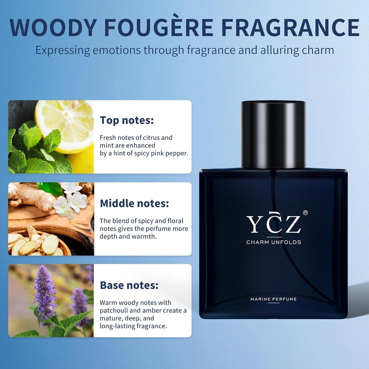 Ycz Charm Unfolds Marine Perfume for Men, 1.7 oz. Long Lasting Eau De Parfum Cologne For Men, Oriental Woody Fragrance - Ideal Special Occasions, Making it the Ideal gentlemen’s Gift