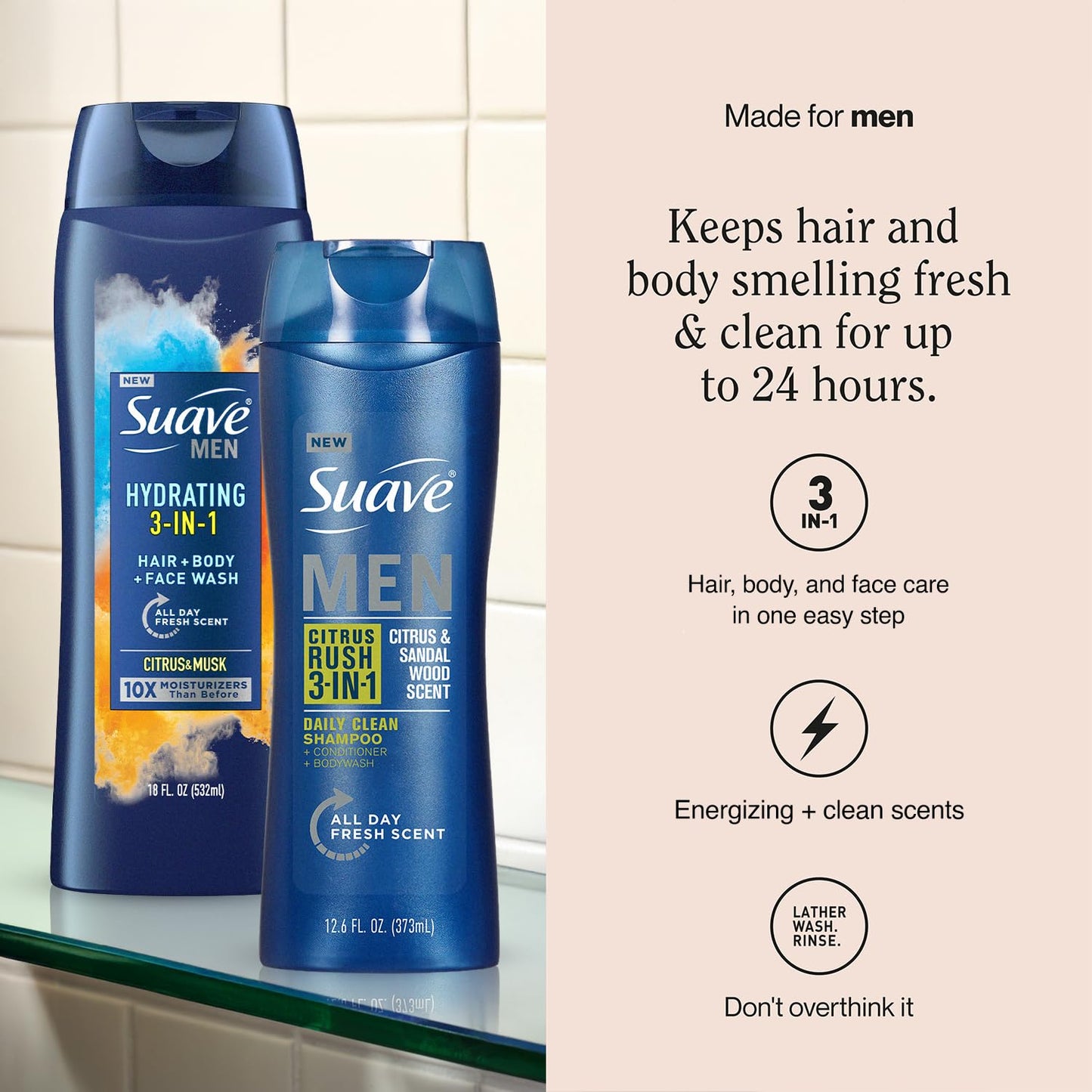 Suave Men 3-in-1 Variety 2-Pack – Hydrating Hair, Body, Face Wash + Citrus Rush Daily Clean Shampoo, Conditioner & Bodywash