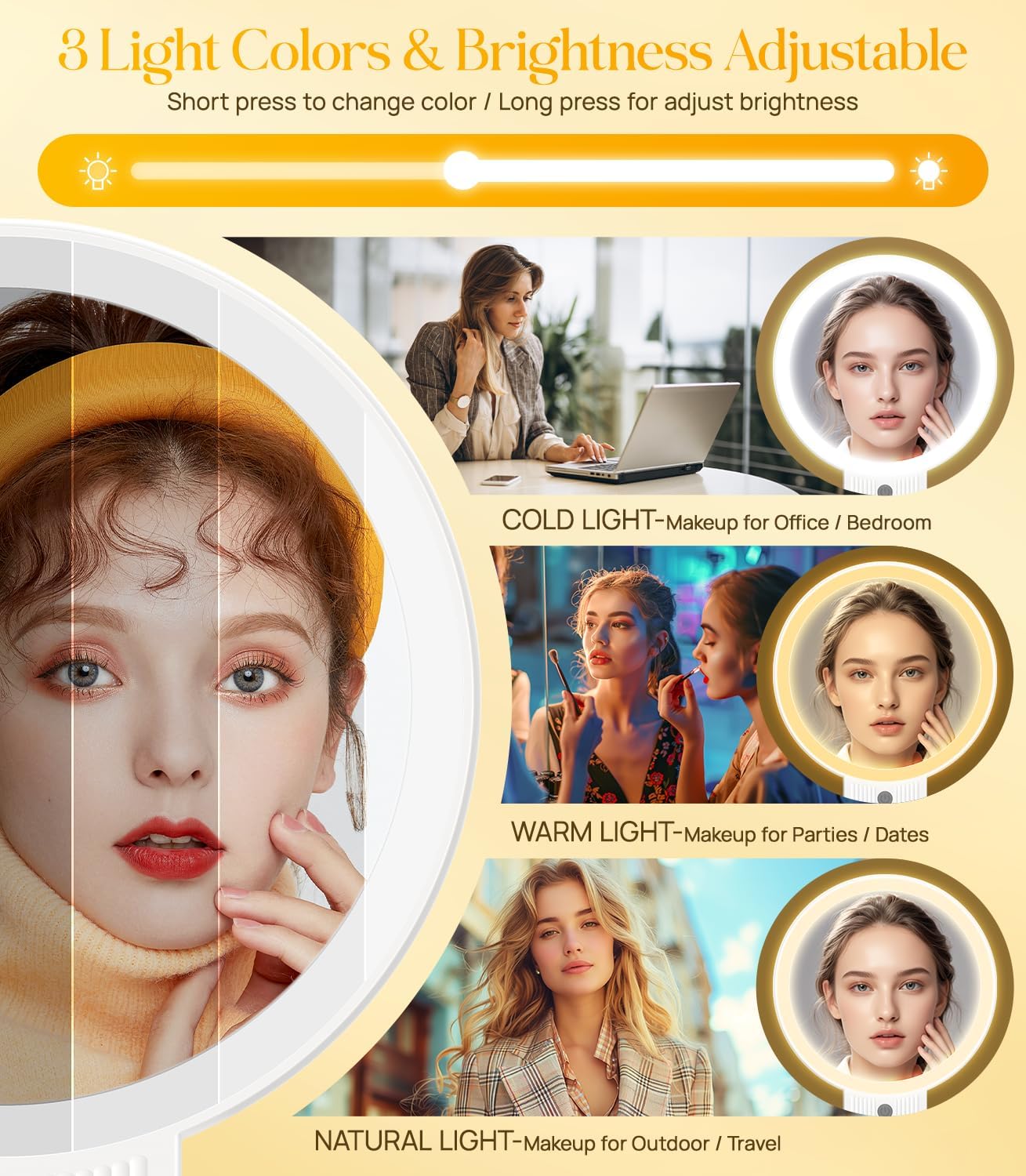 7.5” Lighted Makeup Mirror with 1X/10X Magnification - Rechargeable LED, 3 Color Modes, Adjustable Handle for Travel & Desk Use - White