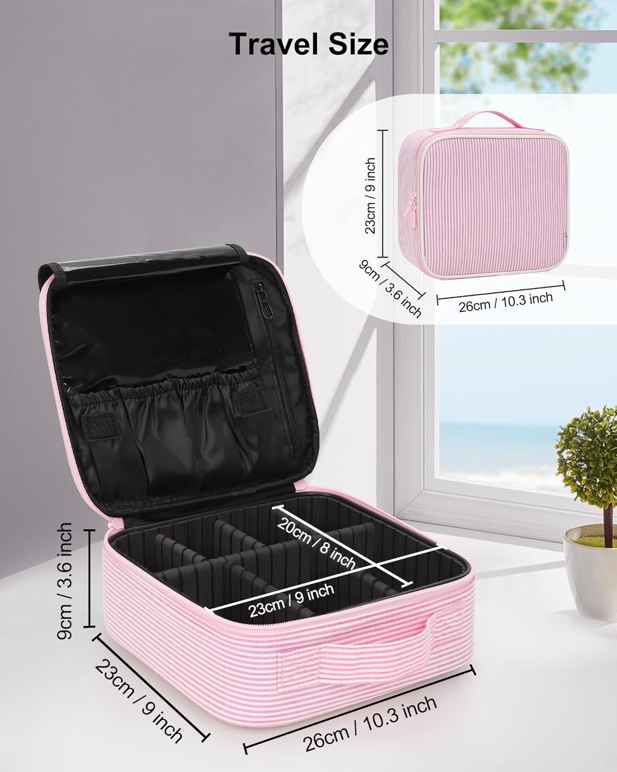 Relavel Portable Travel Makeup Case Organizer with Adjustable Dividers - Black Cosmetic Storage for Brushes, Toiletries & Jewelry